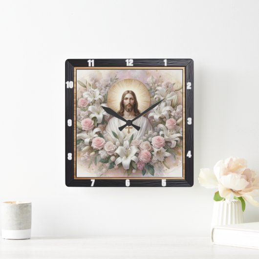 Horloge Carrée Jésus entouré de Lilies Roses (Maison)