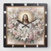 Horloge Carrée Jésus entouré de Lilies Roses (Recto)