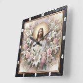 Horloge Carrée Jésus entouré de Lilies Roses (Angle)
