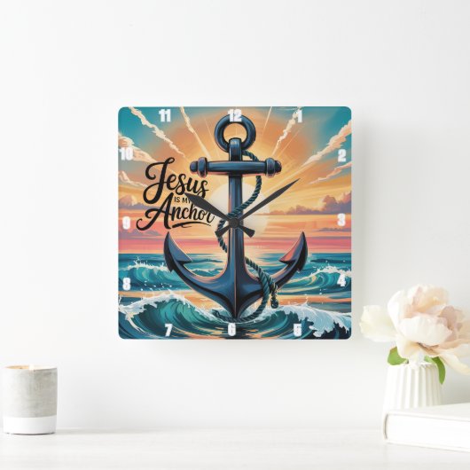 Horloge Carrée Jésus est Mon Ancre Waves Sunset (Maison)