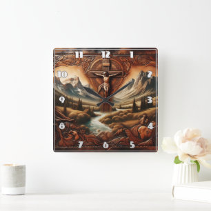Horloge Carrée Jésus sur la Croix dans un paysage de montagne ser