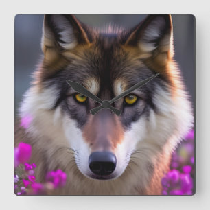 Horloge Carrée Jeune loup en fleurs rose fuchsia