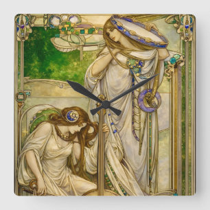 Horloge Carrée Jeunes Filles Musiciennes Art Nouveau Illustration