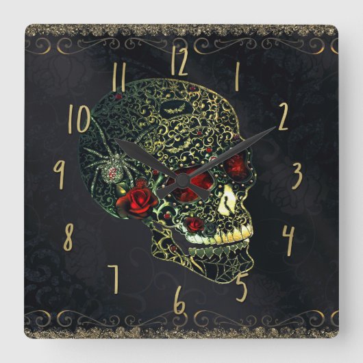 Horloge Carrée Jeweled Spider Skull & Roses Glam Gothic Filigree (Recto)