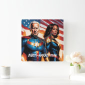 Horloge Carrée Joe Biden et Kamala Harris en super-héros (Maison)