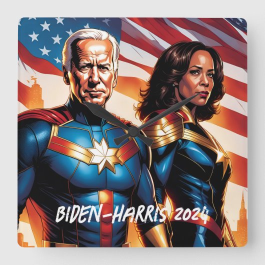Horloge Carrée Joe Biden et Kamala Harris en super-héros (Recto)