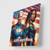 Horloge Carrée Joe Biden et Kamala Harris en super-héros (Angle)