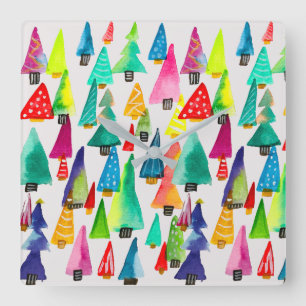 Horloge Carrée Joli aquarelle arbres de Noël