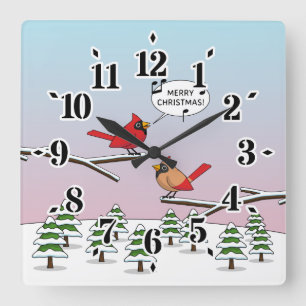 Horloge Carrée Joli Cardinal Rouge chanter Joyeux Noël
