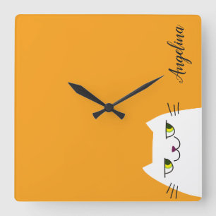 Horloge Carrée Joli Cartoon Drôle Monogramme Chat Blanc Jaune