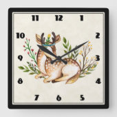Horloge Carrée Joli Cerf Aquarellé Posé En Bas Boho (Recto)