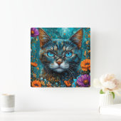 Horloge Carrée Joli Chat Floral (Maison)