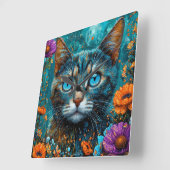 Horloge Carrée Joli Chat Floral (Angle)