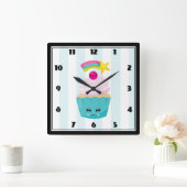 Horloge Carrée Joli Cupcake Bleu avec Visage Kawaii (Maison)