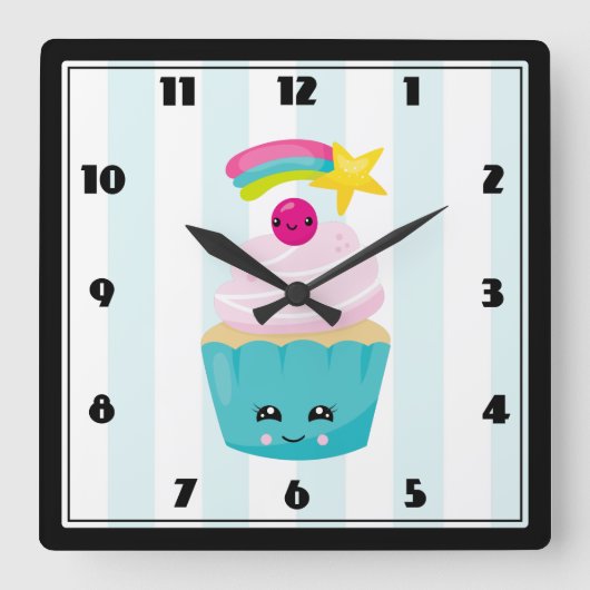 Horloge Carrée Joli Cupcake Bleu avec Visage Kawaii (Recto)