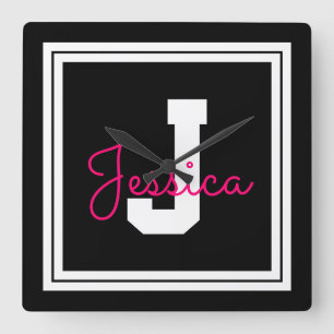 Horloge Carrée Joli nom et monogramme encadrés Noir blanc et ro