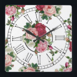 Horloge Carrée Joli pays français Floral<br><div class="desc">De jolis vaporisateurs de roses roses,  rouges et blancs inspirés du pays français et feuillage vert en répétant éditable motif sur arrière - plan transparent avec chiffres romains. Tous les éléments graphiques peuvent être redimensionnés,  tournés et repositionnés.</div>