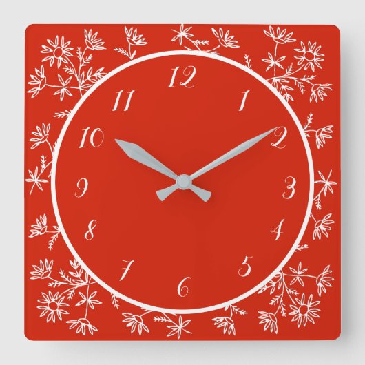 Horloge Carrée Joli Rouge Blanc Floral Design Décor Design (Recto)