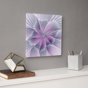 Horloge Carrée Jolie fleur rose abstraite moderne art fractal