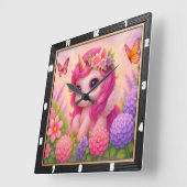 Horloge Carrée Jolie licorne papillon rose (Angle)