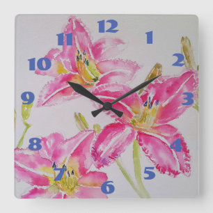 Horloge Carrée Jolie Lys Rose Aquarelle Art Flower