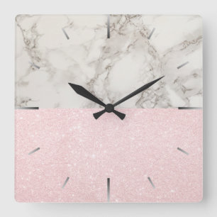 Horloge Carrée Jolie parties scintillant en or rose et marbre bla