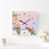 Horloge Carrée Jolie rose pastel et roses blanches (Maison)
