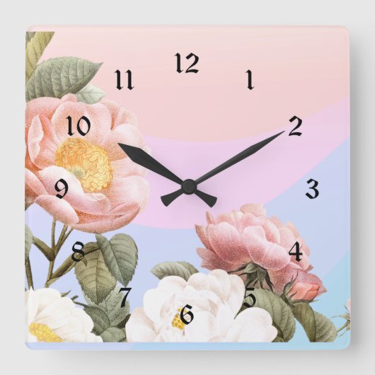 Horloge Carrée Jolie rose pastel et roses blanches (Recto)