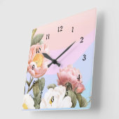Horloge Carrée Jolie rose pastel et roses blanches (Angle)
