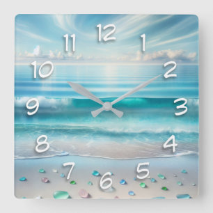 Horloge Carrée Jolie vague bleu océan et verre de mer