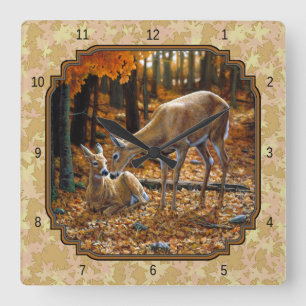 Horloge Carrée Jolies feuilles d'automne de cerfs et de pères