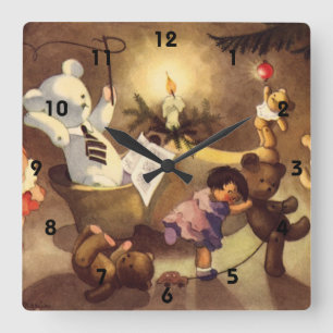 Horloge Carrée Jouets de Noël vintage, poupées dansantes, ours en