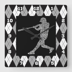 Horloge Carrée Joueur de baseball Typographic Wall Clock