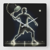 Horloge Carrée Joueur Neon Pickleball Avec Paddle (Recto)