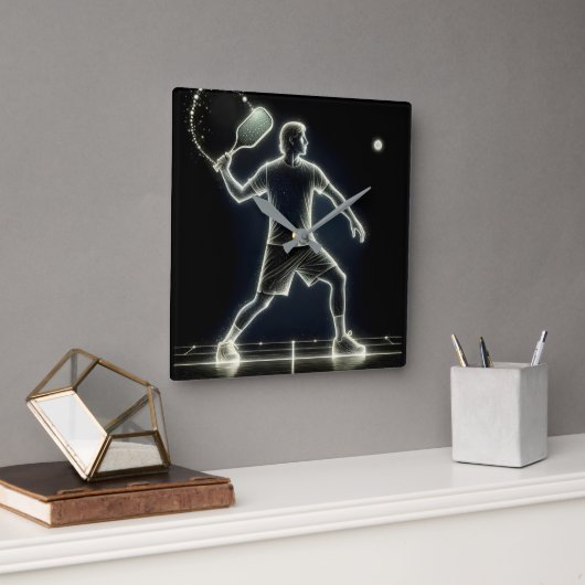 Horloge Carrée Joueur Neon Pickleball Avec Paddle (Bureau)