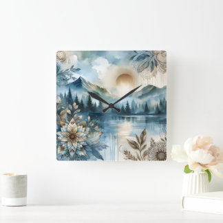 Horloge Carrée Jour de la pluie Aquarelle Mountain Lake Boho rust