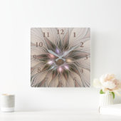 Horloge Carrée Joyeuse Fleur Abstrait Beige Brown Floral Fractal (Maison)