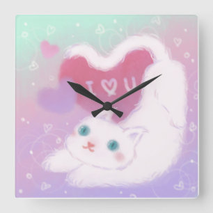 Horloge Carrée Joyeuse Saint-Valentin avec chat blanc duveteux