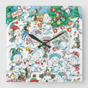 Horloge Carrée Joyeux dessin animé Noël ours polaire manchot fête