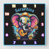 Horloge Carrée Joyeux éléphant battant une guitare (Recto)