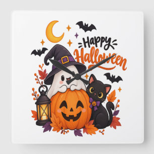 Horloge Carrée Joyeux Halloween Mignon Fantôme Citrouille Chat No