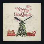 Horloge Carrée Joyeux Noël, Arbres de Noël, Présents, Sommeil<br><div class="desc">Merry Christmas,  Christmas trees and presents,  and faux gold sleigh on a cream background.</div>