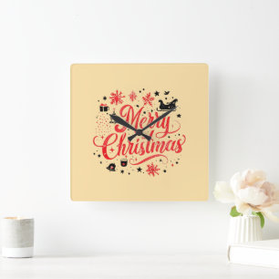 Horloge Carrée Joyeux Noël Design moderne Rouge et blanc