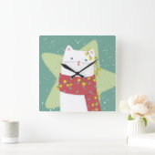 Horloge Carrée Joyeux Noël : Illustration de chat (Maison)