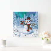 Horloge Carrée Joyeux Noël Snowman & Birds Winter Scene (Maison)