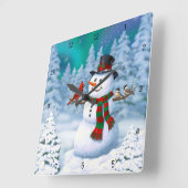 Horloge Carrée Joyeux Noël Snowman & Birds Winter Scene (Angle)