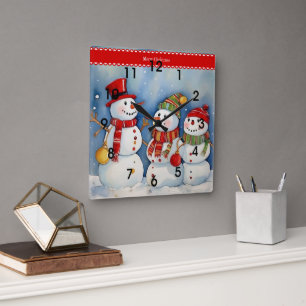 Horloge Carrée Joyeux Noël, Trois Bonshommes de Neige Colorés,