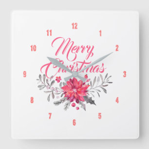 Horloge Carrée Joyeux Noël Typographie moderne Bouquet Fleurs Bou
