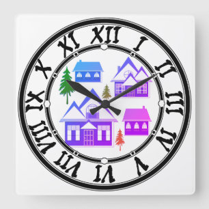 Horloge Carrée Joyeux Noël violet rose maisons vert