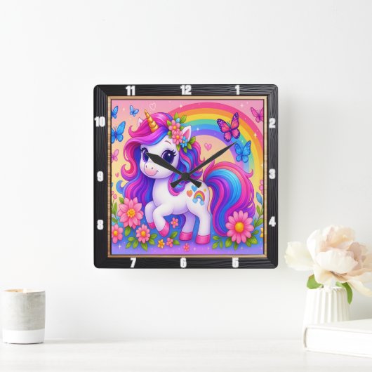 Horloge Carrée Joyeux Rainbow Unicorn Floral (Maison)